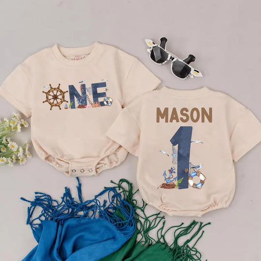 Nautical First Birthday Romper Sailing Into One Baby Boy Outfit Ocean Theme Sailor Bodysuit Custom Name Gift Idea
