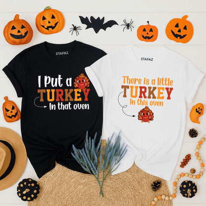 Little Turkey in the Oven Pregnancy Reveal Shirt Thanksgiving Baby Announcement Couple Fall Mama to Be