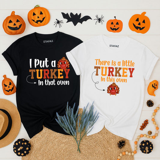 Little Turkey in the Oven Pregnancy Reveal Shirt Thanksgiving Baby Announcement Couple Fall Mama to Be