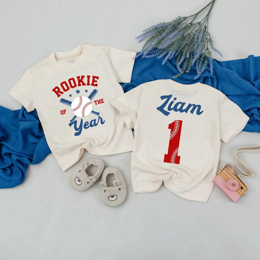 Rookie of the Year Baseball Family Matching Outfits, 1st Birthday Romper Set, Game Day Shirts for Dad, Mom, Bro, Red White Blue Star Accents (138 chars)