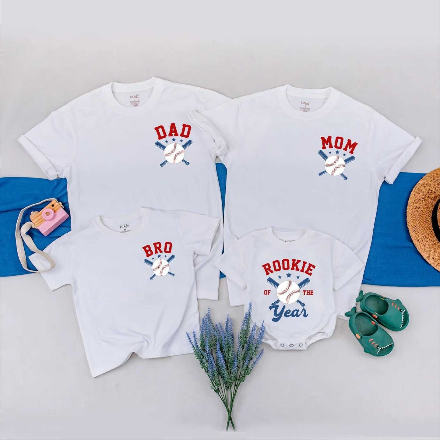 Rookie of the Year Baseball Family Matching Outfits, 1st Birthday Romper Set, Game Day Shirts for Dad, Mom, Bro, Red White Blue Star Accents (138 chars)