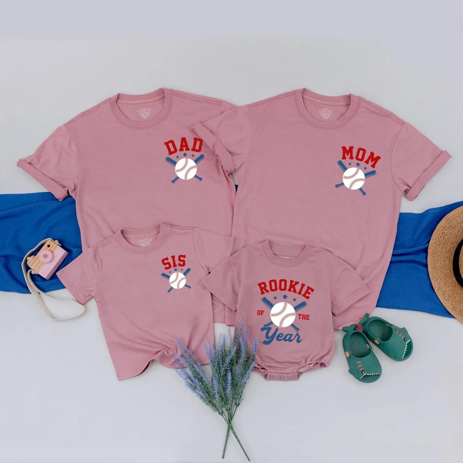Rookie of the Year Baseball Family Matching Outfits, 1st Birthday Romper Set, Game Day Shirts for Dad, Mom, Bro, Red White Blue Star Accents (138 chars)