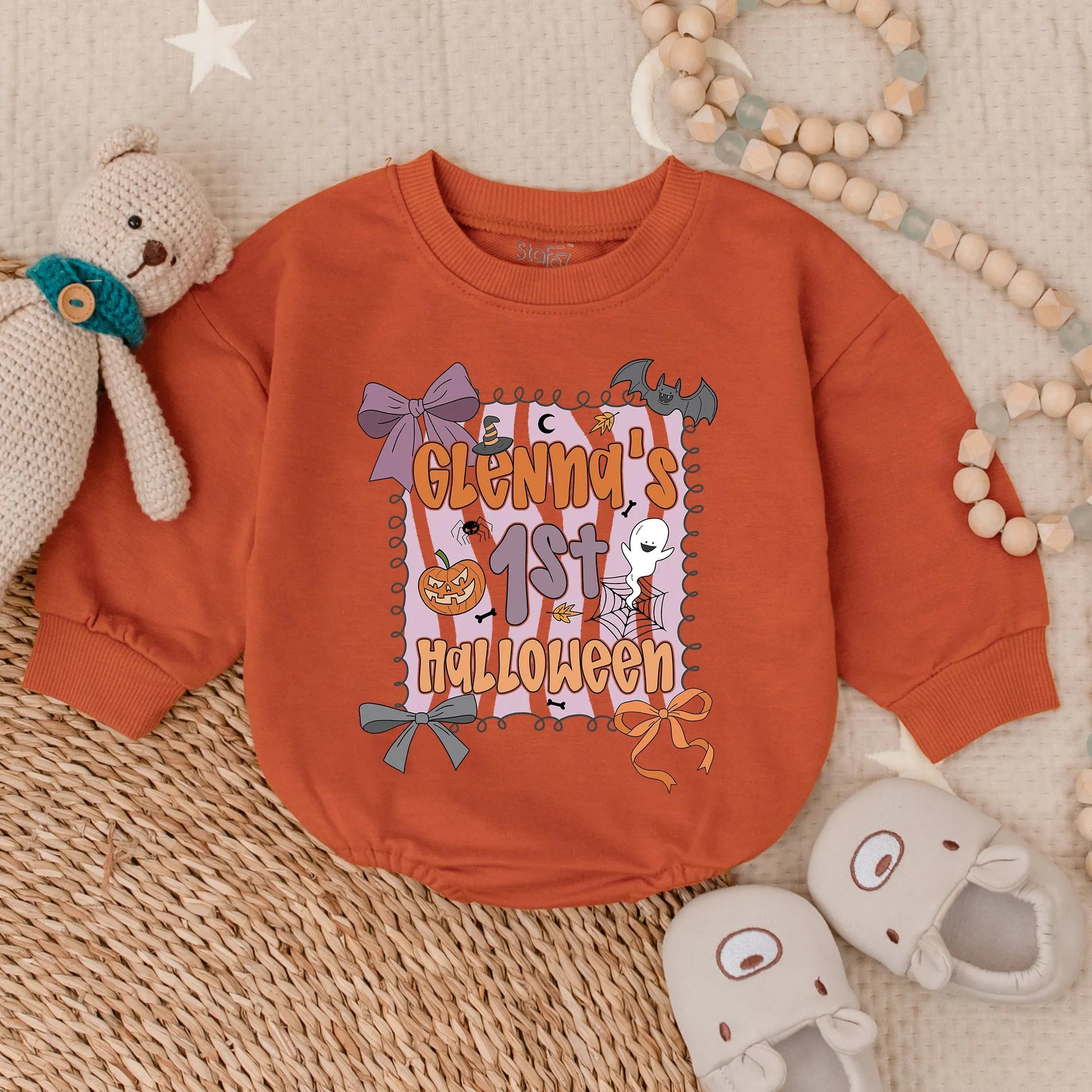 Custom Baby Girl First Halloween Romper Personalized Name Spooky Cute Infant Fall Bubble Outfit
