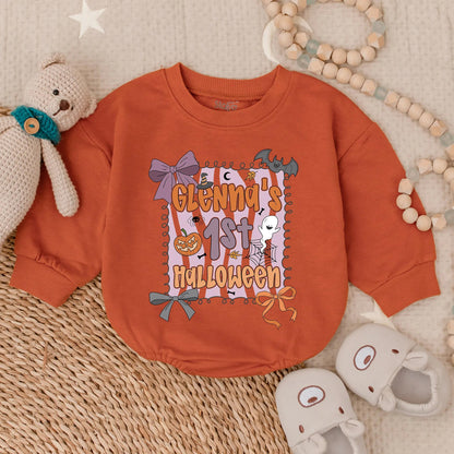 Custom Baby Girl First Halloween Romper Personalized Name Spooky Cute Infant Fall Bubble Outfit