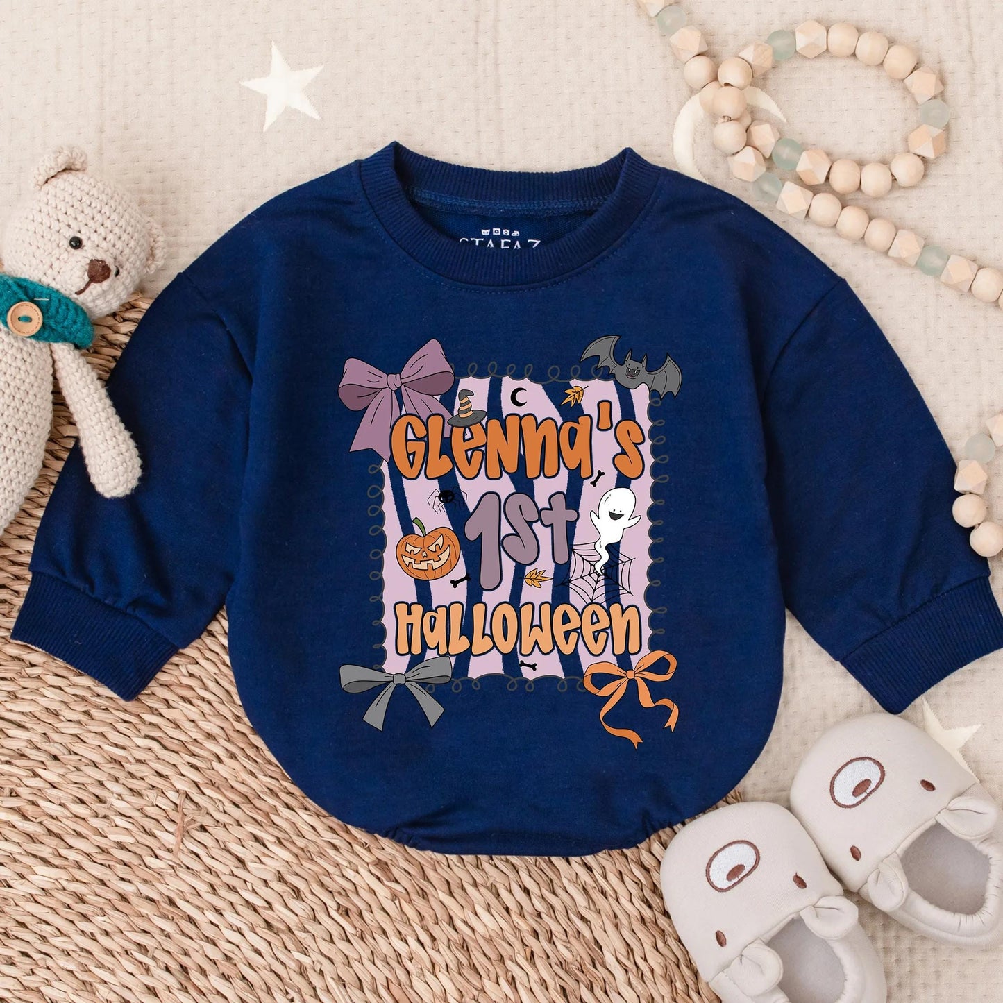 Custom Baby Girl First Halloween Romper Personalized Name Spooky Cute Infant Fall Bubble Outfit
