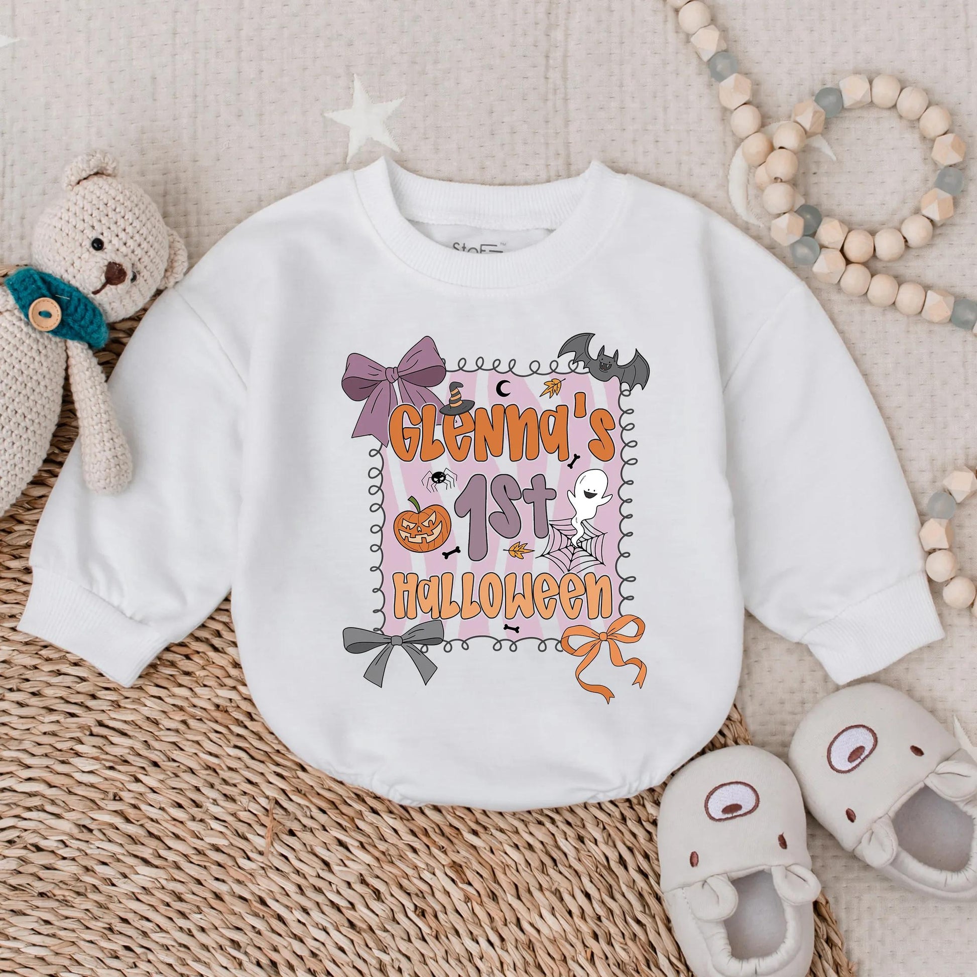 Custom Baby Girl First Halloween Romper Personalized Name Spooky Cute Infant Fall Bubble Outfit