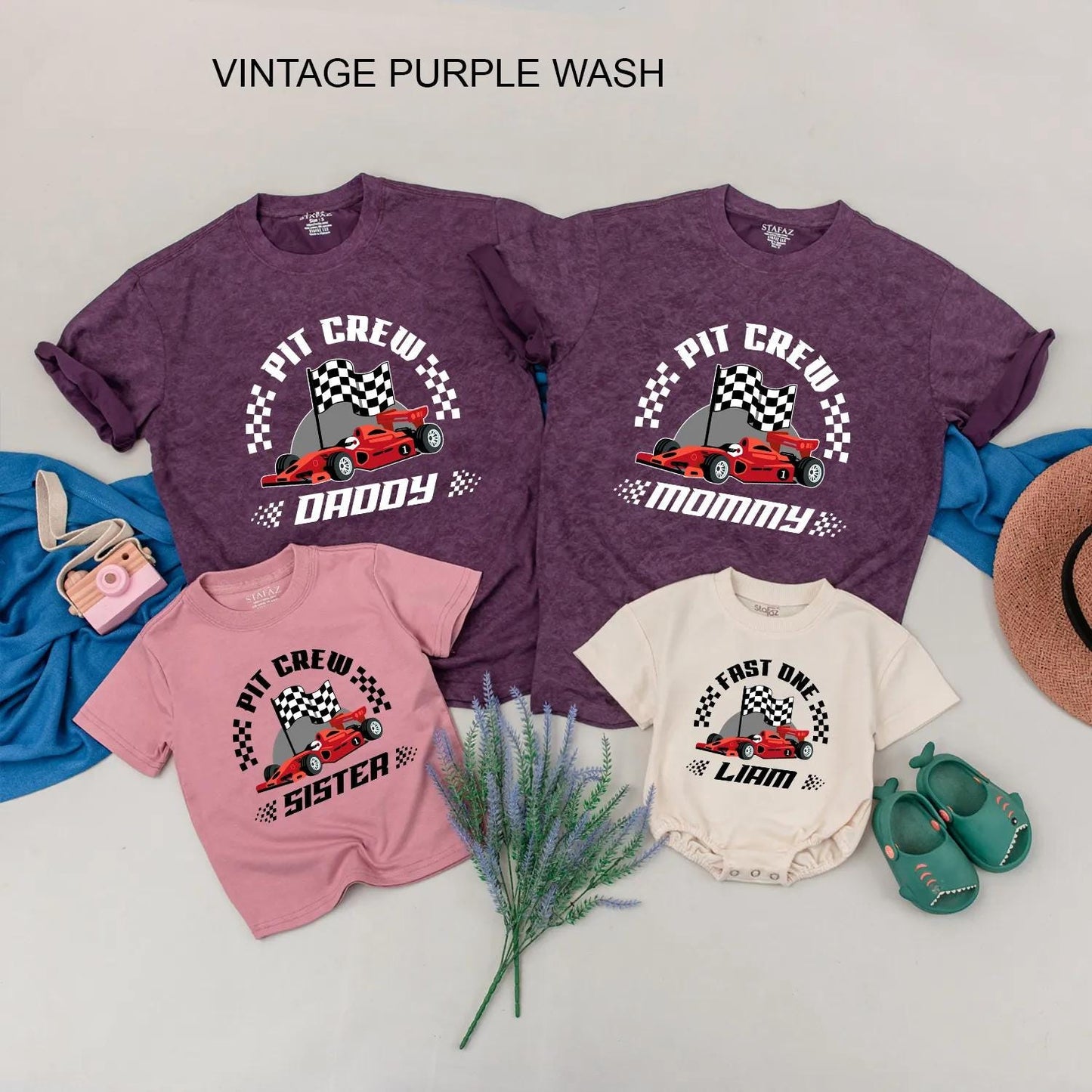 Personalized Pit Crew Race Car Family Matching Shirts & Fast One Baby Romper Cartoon Red Car Playful 1st Birthday Gift for Boy