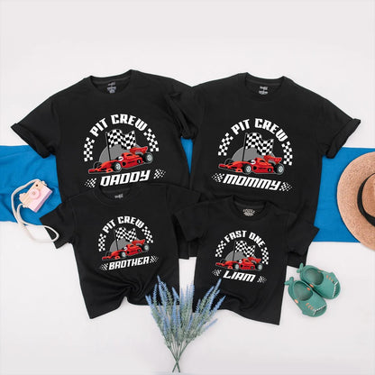 Personalized Pit Crew Race Car Family Matching Shirts & Fast One Baby Romper Cartoon Red Car Playful 1st Birthday Gift for Boy