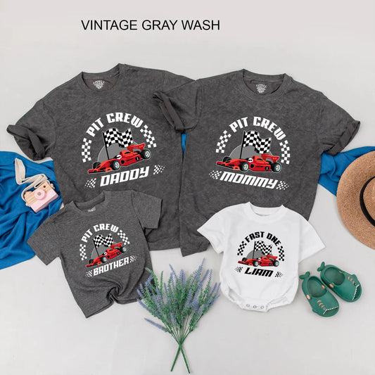 Personalized Pit Crew Race Car Family Matching Shirts & Fast One Baby Romper Cartoon Red Car Playful 1st Birthday Gift for Boy