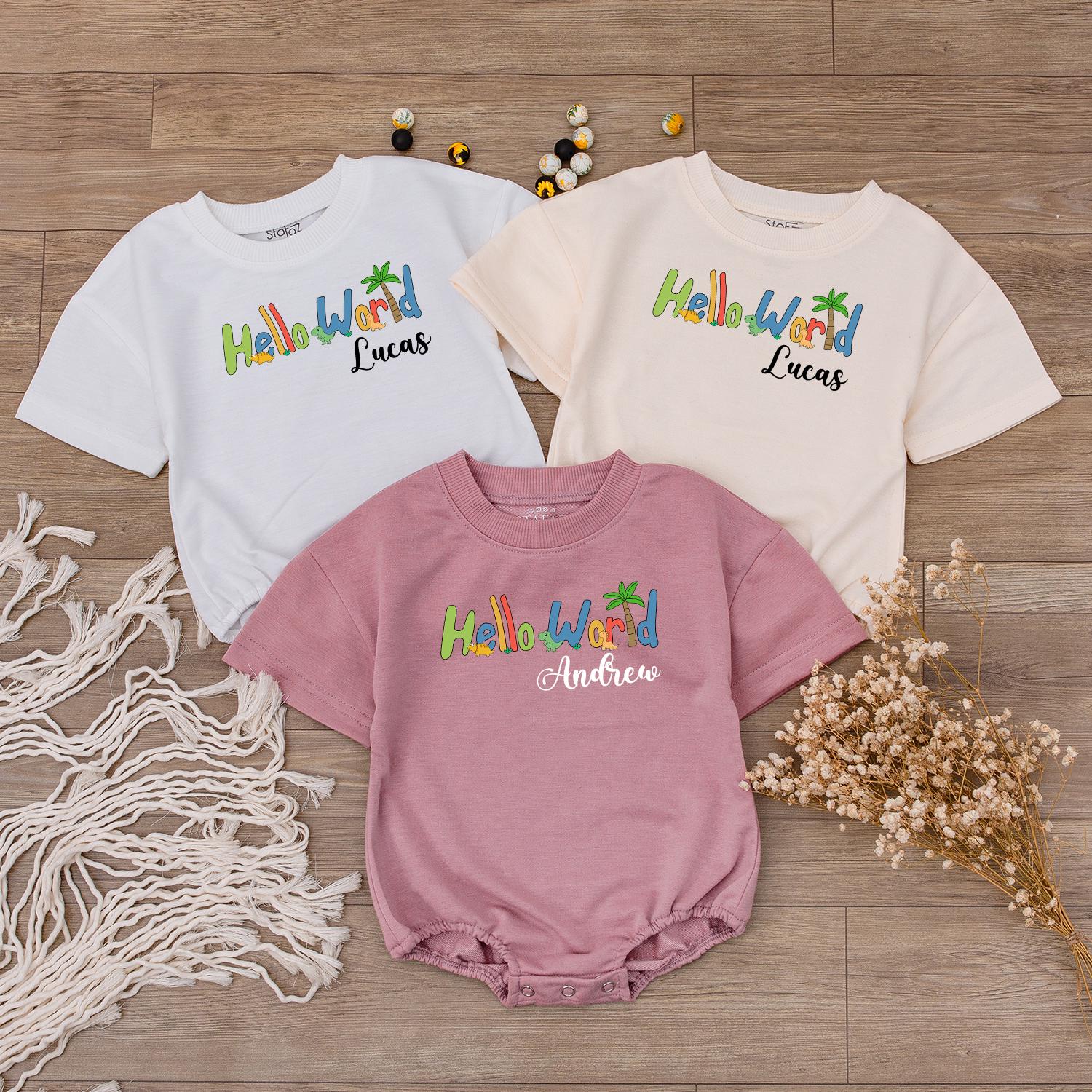 Custom Dinosaur Baby Romper Hello World Dino Name Outfit First Birthday Bodysuit Baby Shower Gift for Boys