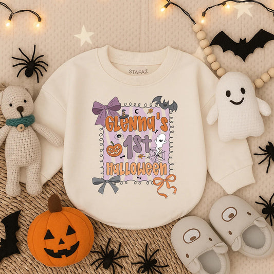 Custom Baby Girl First Halloween Romper Personalized Name Spooky Cute Infant Fall Bubble Outfit