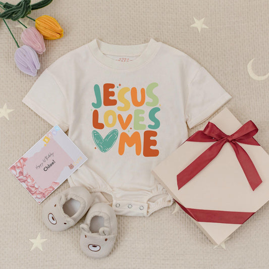 Jesus Loves Me Colorful Christian Baby Bodysuit Jesus Heart Design Church Outfit First Baby Gift