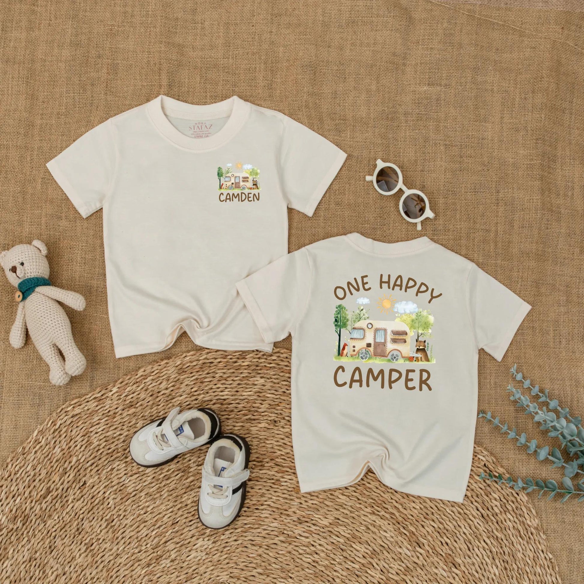 Personalized One Happy Camper Baby Boy Romper with Custom Name for First Birthday Bodysuit Adventure Camping Theme Soft Comfortable Summer Celebration
