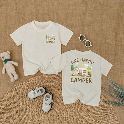 Personalized One Happy Camper Baby Boy Romper with Custom Name for First Birthday Bodysuit Adventure Camping Theme Soft Comfortable Summer Celebration