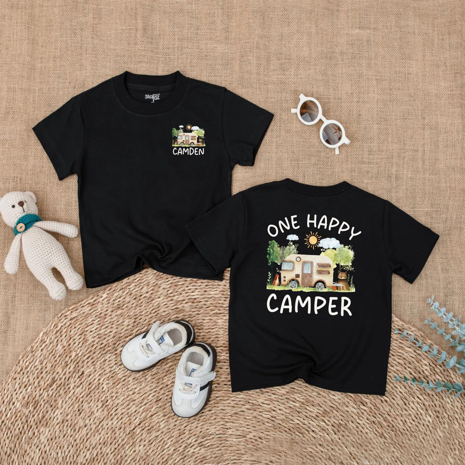 Personalized One Happy Camper Baby Boy Romper with Custom Name for First Birthday Bodysuit Adventure Camping Theme Soft Comfortable Summer Celebration
