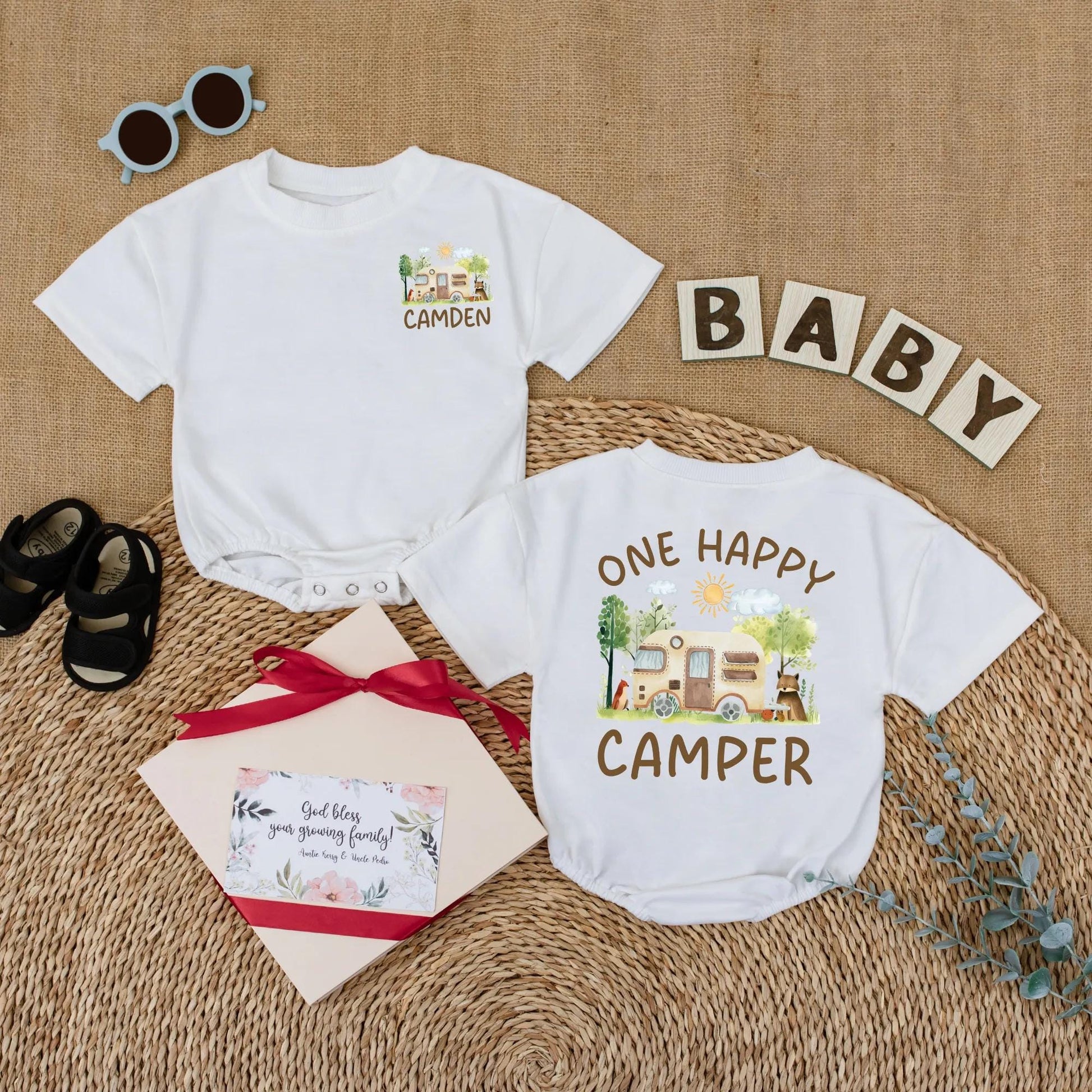 Personalized One Happy Camper Baby Boy Romper with Custom Name for First Birthday Bodysuit Adventure Camping Theme Soft Comfortable Summer Celebration