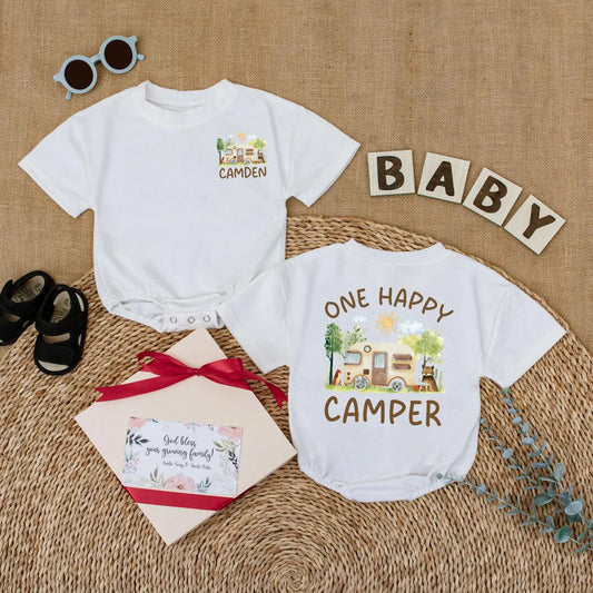 Personalized One Happy Camper Baby Boy Romper with Custom Name for First Birthday Bodysuit Adventure Camping Theme Soft Comfortable Summer Celebration