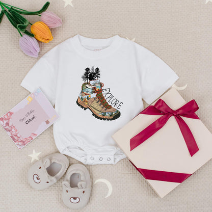 Explore the Outdoors Baby Romper: Hiking Boot Adventure Bodysuit for Little Campers, Cute Earth Tone Mountain Scene Clothes for Hiking Buddies (140 chars)