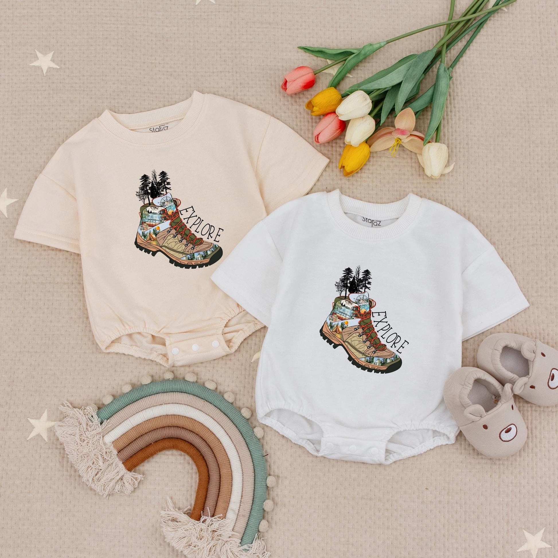 Explore the Outdoors Baby Romper: Hiking Boot Adventure Bodysuit for Little Campers, Cute Earth Tone Mountain Scene Clothes for Hiking Buddies (140 chars)