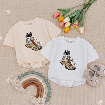 Explore the Outdoors Baby Romper: Hiking Boot Adventure Bodysuit for Little Campers, Cute Earth Tone Mountain Scene Clothes for Hiking Buddies (140 chars)