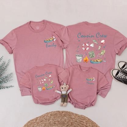 Custom Cousin Crew Matching Shirts for Lake Fishing & Camping Trip with Whimsical Hand-Drawn Watercolor Design, Family Outdoor Adventure Apparel Gift
