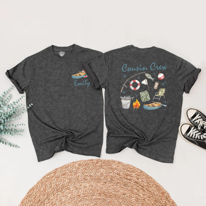 Custom Cousin Crew Matching Shirts for Lake Fishing & Camping Trip with Whimsical Hand-Drawn Watercolor Design, Family Outdoor Adventure Apparel Gift