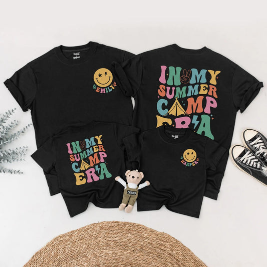 Personalized Summer Camp Era Family Matching Shirts Retro Vacation Outfits Custom Name Tee Lightning Bolt & Tent Design Comfy Group Trip Clothes 