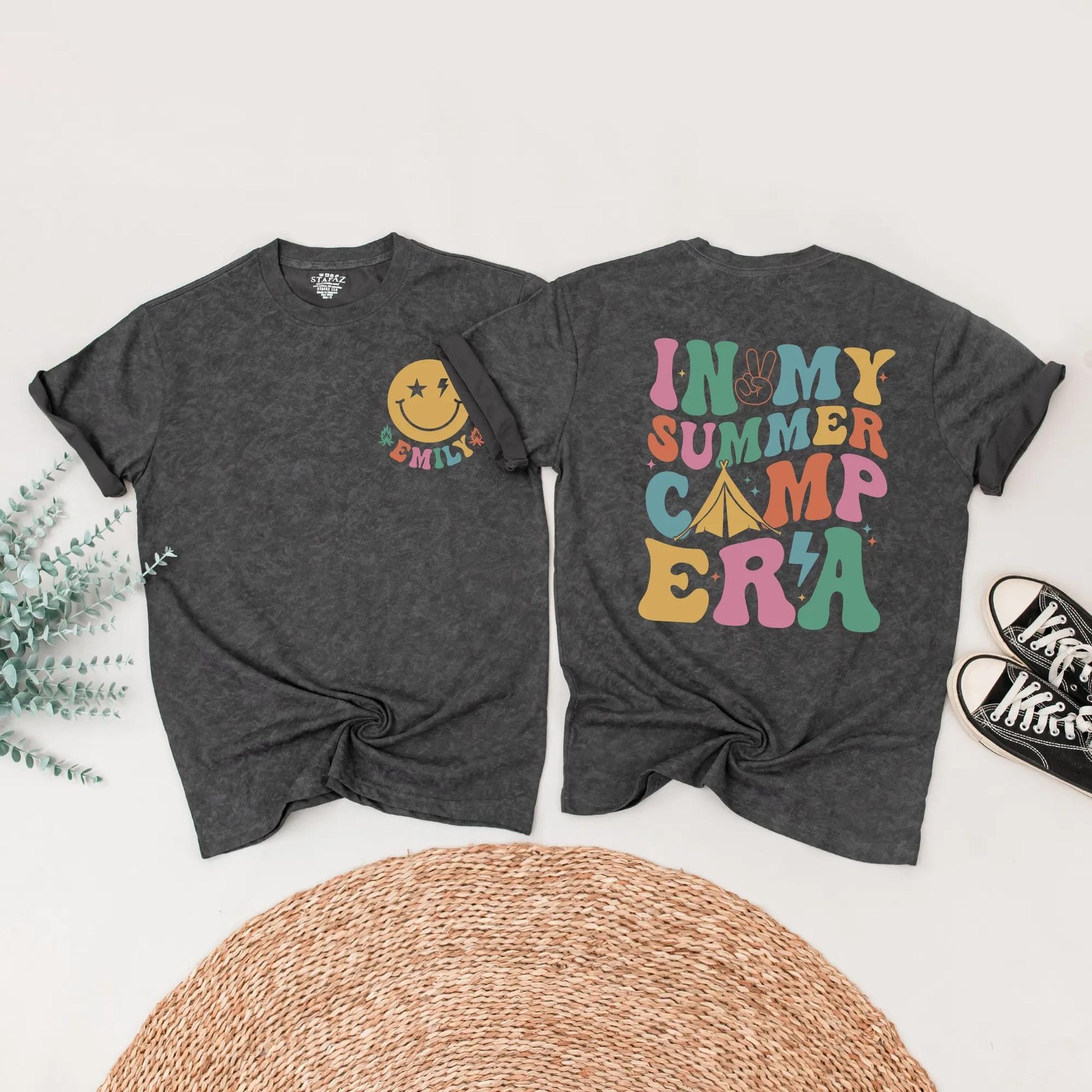 Personalized Summer Camp Era Family Matching Shirts Retro Vacation Outfits Custom Name Tee Lightning Bolt & Tent Design Comfy Group Trip Clothes 