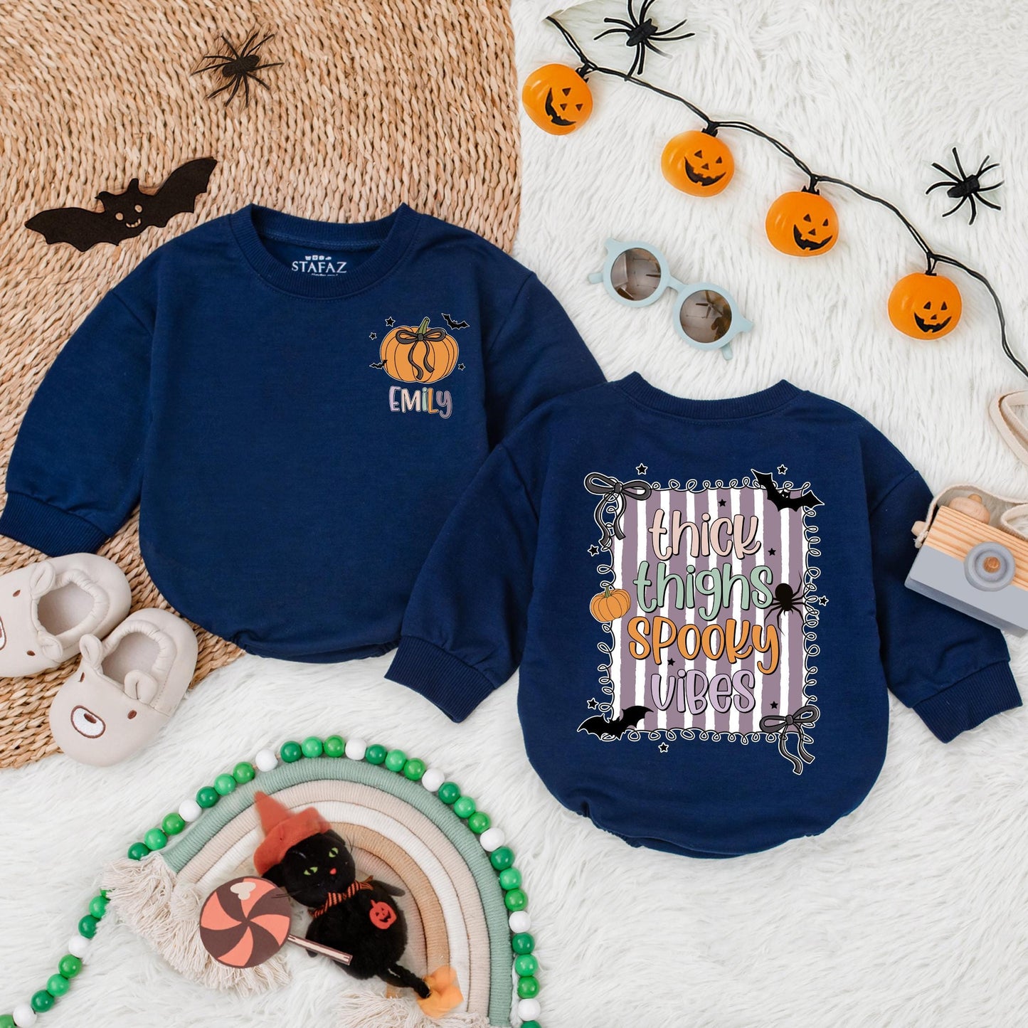 Custom Thick Thighs Spooky Vibes Baby Bubble Romper Infant Fall Clothes Halloween Gift for Baby Girl Toddler Outfit
