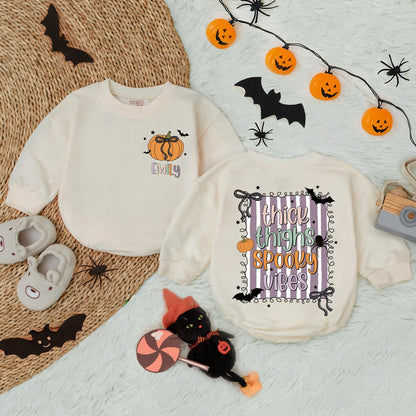 Custom Thick Thighs Spooky Vibes Baby Bubble Romper Infant Fall Clothes Halloween Gift for Baby Girl Toddler Outfit