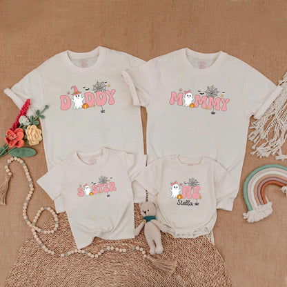 Spooky One Birthday Girl Ghost Family Matching Shirt Retro Halloween Outfit Mommy and Me Boo Day Gift