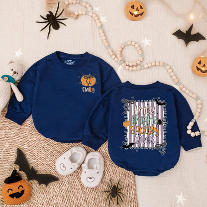 Spooky Vibes Halloween Bubble Romper for Baby Girl, First Halloween Outfit, Custom Name Infant Fall Bodysuit, Spooky Cute Toddler Romper