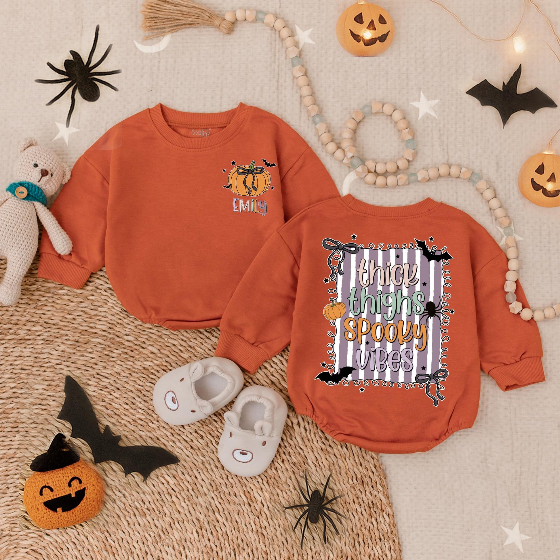 Spooky Vibes Halloween Bubble Romper for Baby Girl, First Halloween Outfit, Custom Name Infant Fall Bodysuit, Spooky Cute Toddler Romper