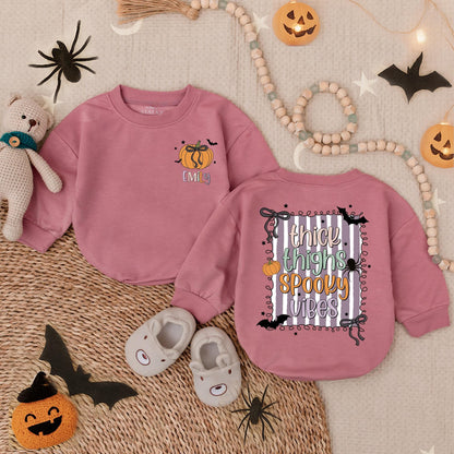 Spooky Vibes Halloween Bubble Romper for Baby Girl, First Halloween Outfit, Custom Name Infant Fall Bodysuit, Spooky Cute Toddler Romper
