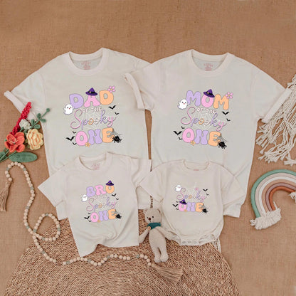 Cute Pastel Halloween Spooky One Matching Family Shirts Mom Dad Brother Ghost Bat Floral Design Festive Birthday Outfit