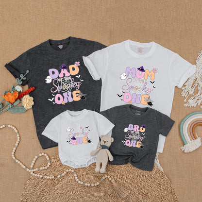 Cute Pastel Halloween Spooky One Matching Family Shirts Mom Dad Brother Ghost Bat Floral Design Festive Birthday Outfit