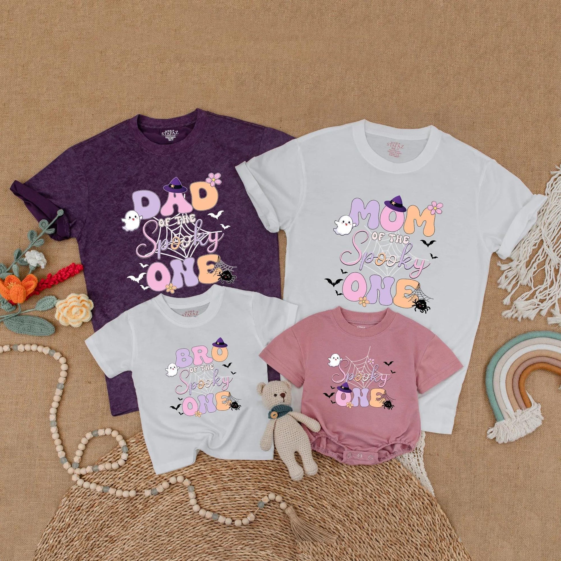Cute Pastel Halloween Spooky One Matching Family Shirts Mom Dad Brother Ghost Bat Floral Design Festive Birthday Outfit