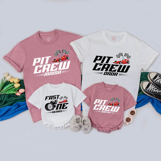 Personalized Pit Crew Racing Family Matching T-Shirt Fast One Birthday Romper for Boys Mommy and Me Tees
