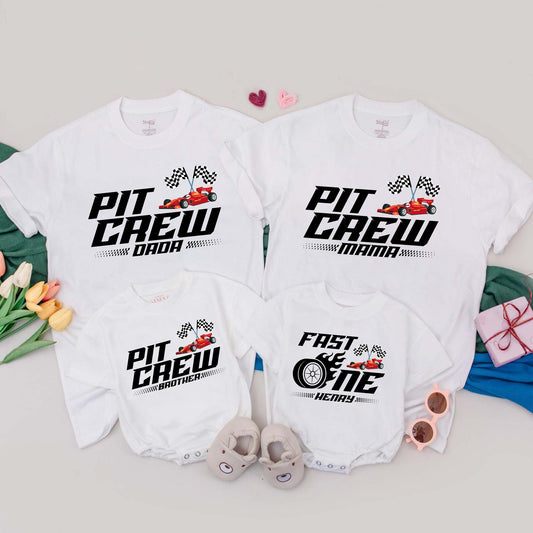 Personalized Pit Crew Racing Family Matching T-Shirt Fast One Birthday Romper for Boys Mommy and Me Tees