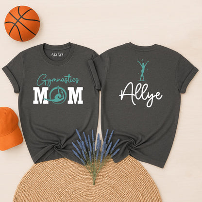 Gymnastics Mom Shirt: Custom Name Gym Mama Gift T-Shirt for Women, Heart on the Mat, Tumble & Cheer Gifts