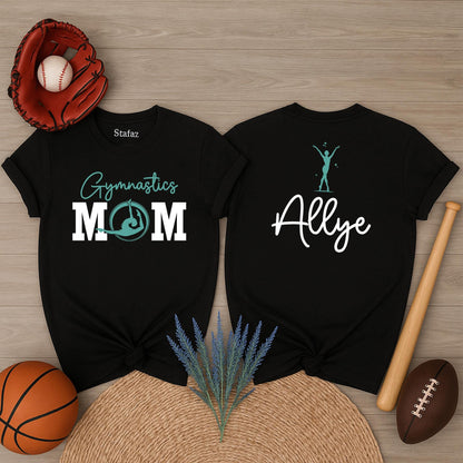Gymnastics Mom Shirt: Custom Name Gym Mama Gift T-Shirt for Women, Heart on the Mat, Tumble & Cheer Gifts