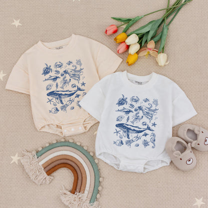 Vintage Ocean Animals Baby Romper Cute Under The Sea Marine Life Illustration Blue Whale Turtle Octopus Crab Summer Beach Vibes Bodysuit