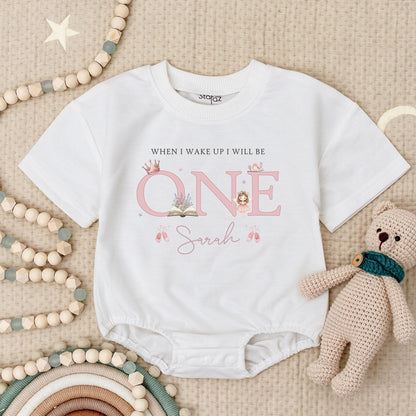 When I Wake Up I Will Be One Cute Pink Fairy Crown Romper Personalized Sarah First Birthday Outfit Baby Girl Gift