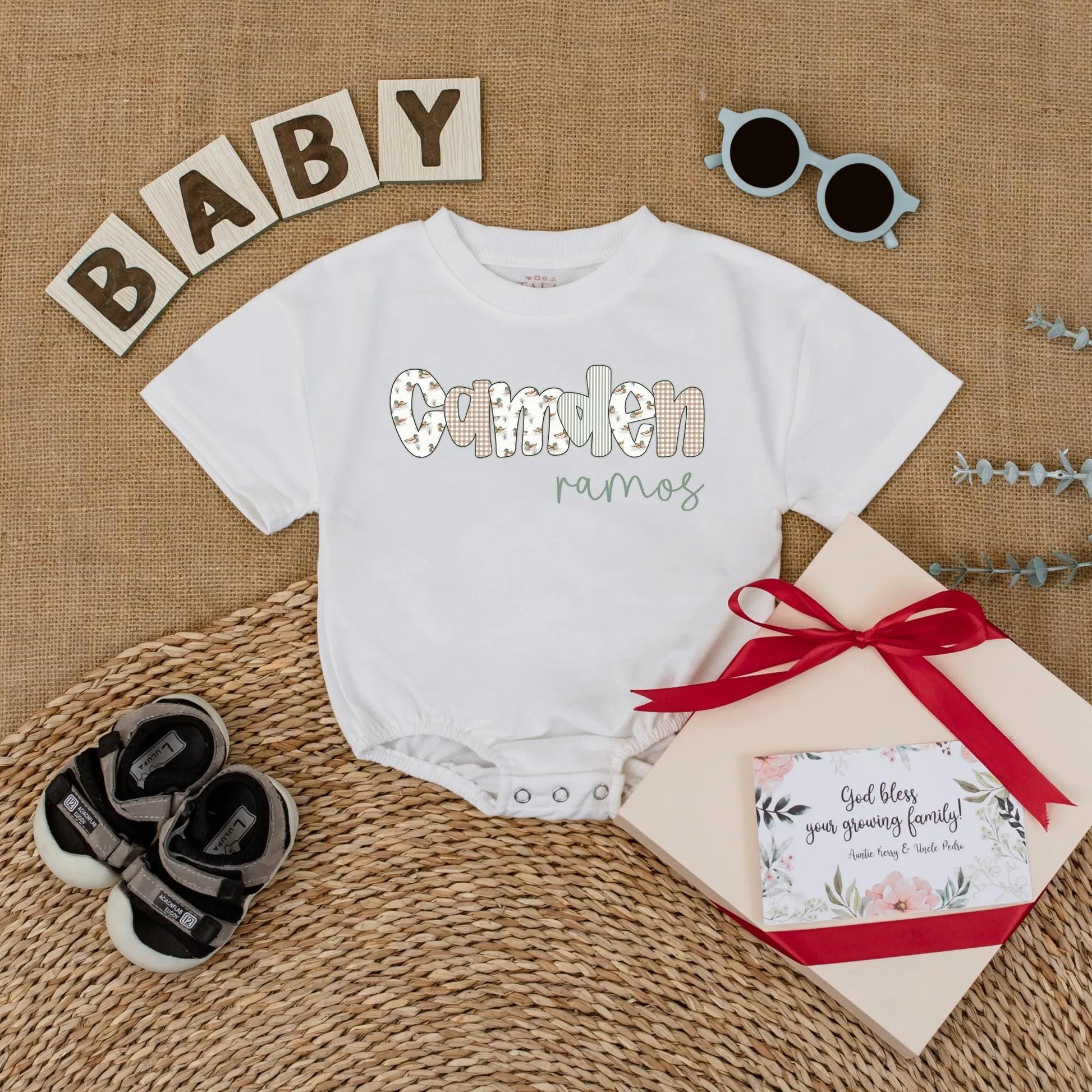 Custom Name Mallard Duck Baby Romper | Personalized Duck Hunting Baby Boy Outfit, Nature Gift, Rustic Baby Shower
