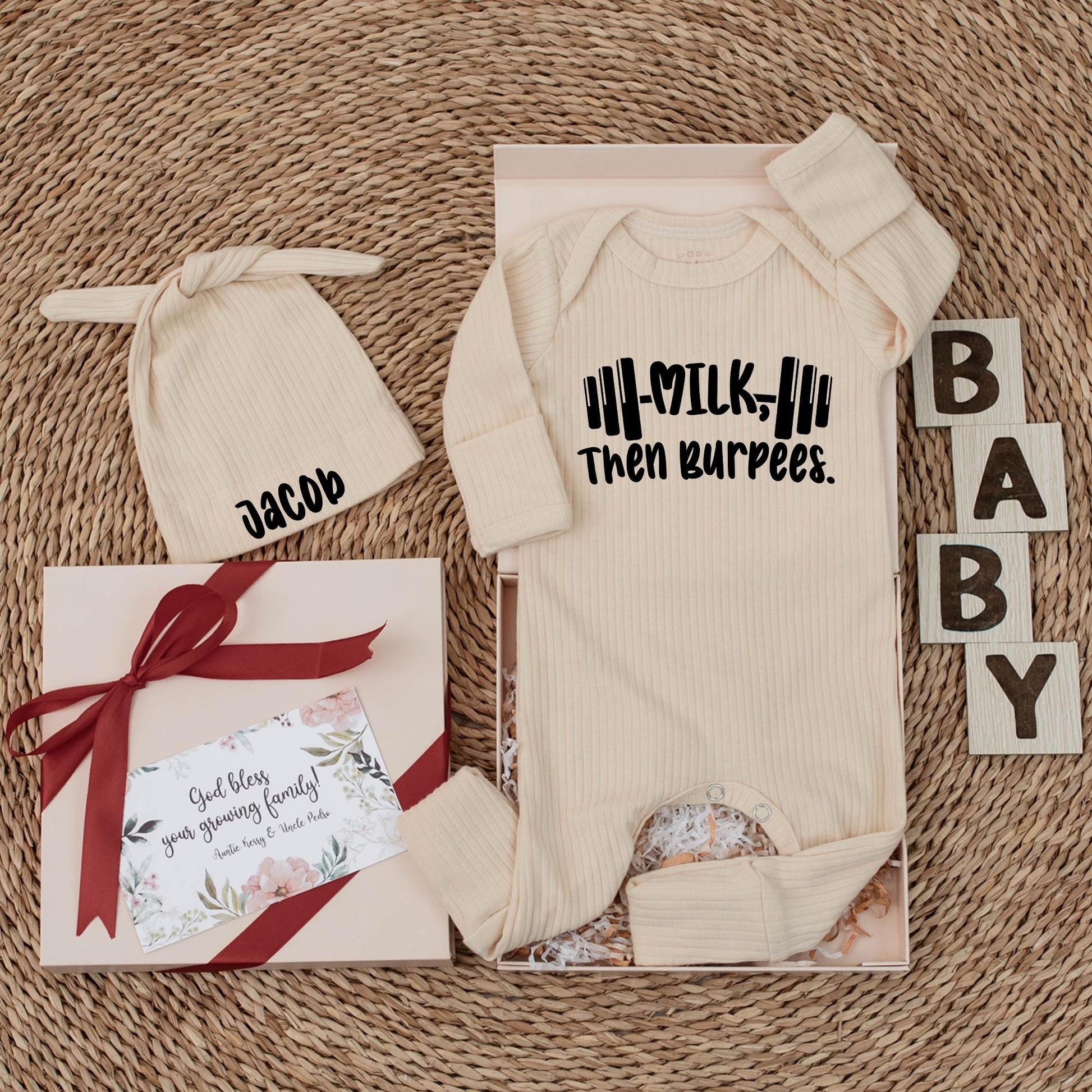 Personalized Milk Then Burpees Baby Bodysuit Funny Gym Workout Clothes Barbell Fitness Newborn Gift Gender Neutral Modern Monochrome Style