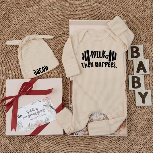 Personalized Milk Then Burpees Baby Bodysuit Funny Gym Workout Clothes Barbell Fitness Newborn Gift Gender Neutral Modern Monochrome Style