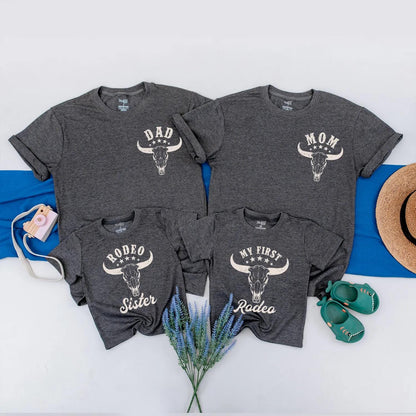 My First Rodeo Family Matching Shirts Custom Cowboy Birthday Outfit featuring Steer Skull Vintage Western Farm Style Apparel Baby Boy Romper