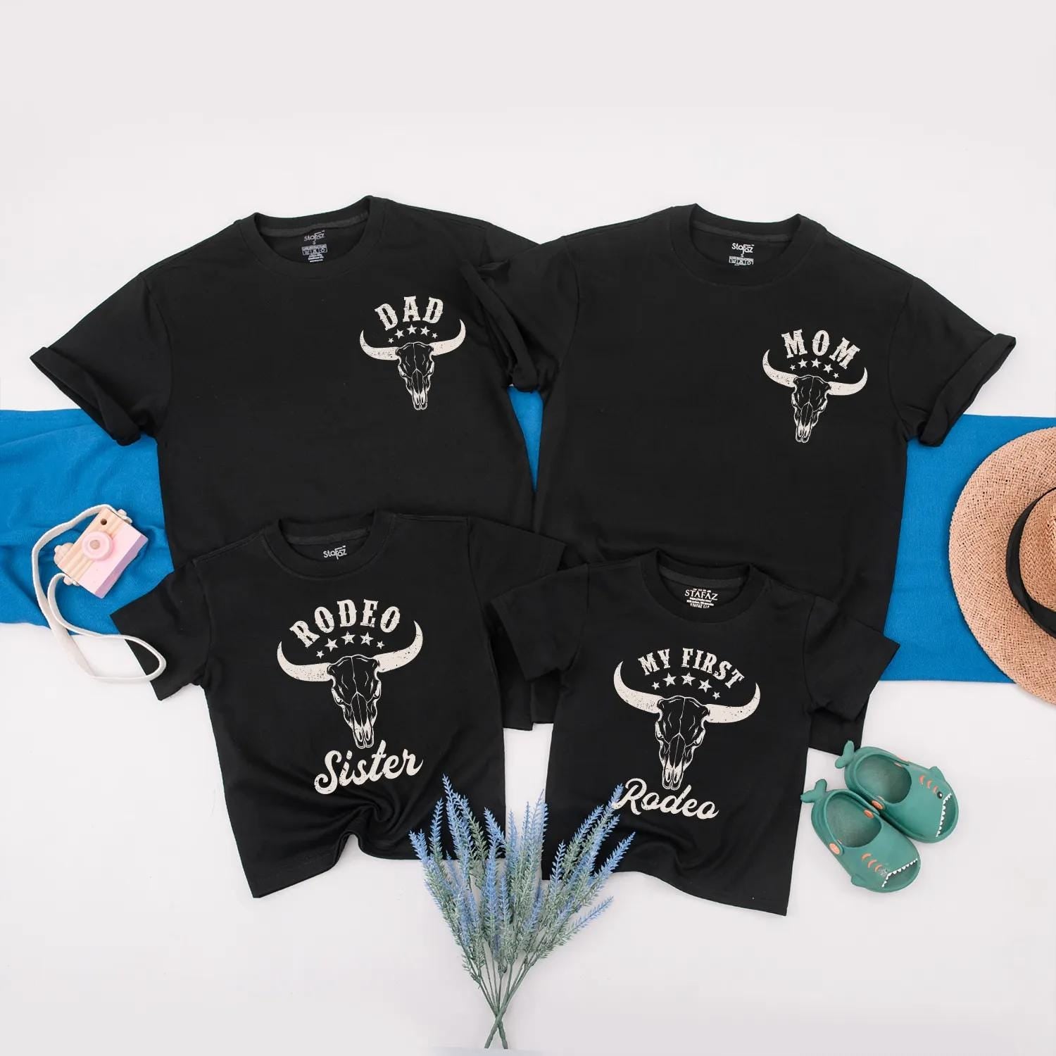 My First Rodeo Family Matching Shirts Custom Cowboy Birthday Outfit featuring Steer Skull Vintage Western Farm Style Apparel Baby Boy Romper