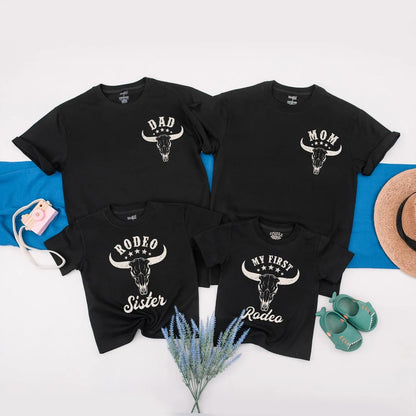 My First Rodeo Family Matching Shirts Custom Cowboy Birthday Outfit featuring Steer Skull Vintage Western Farm Style Apparel Baby Boy Romper