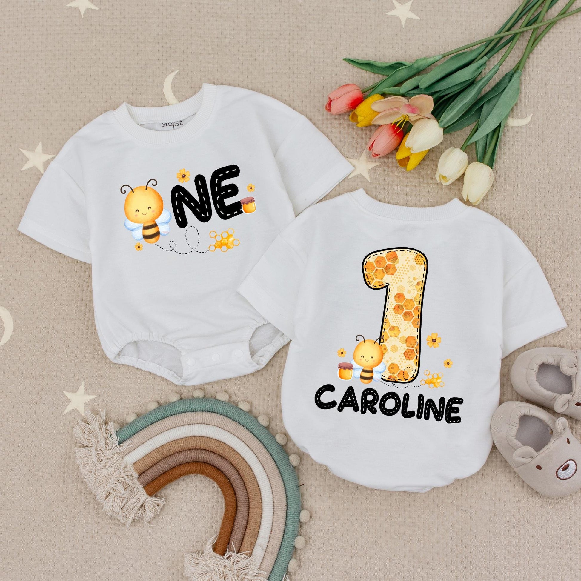 Personalized Bee Happy Birthday Romper, First Birthday Outfit Baby Girl, Custom Name Bee 1st Birthday Bodysuit, Bee Lover Outfit Cute Party Clothes
